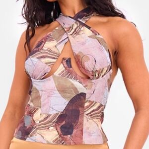 Prettylittle Thing Beige Woven Abstract Print Underbust Halterneck Cross Over